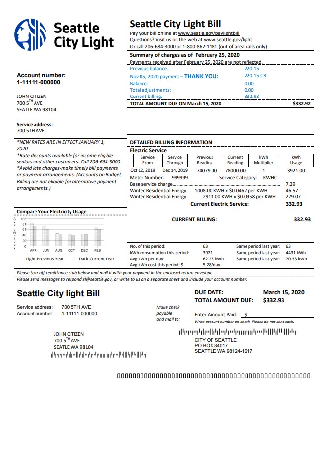 USA Washington Seattle City Light utility bill template in Word and PDF format
